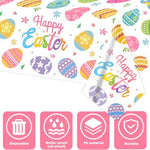 Full length display of the fifty four by one hundred eight inch Easter tablecloth draped over a party table.