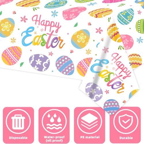Full length display of the fifty four by one hundred eight inch Easter tablecloth draped over a party table.