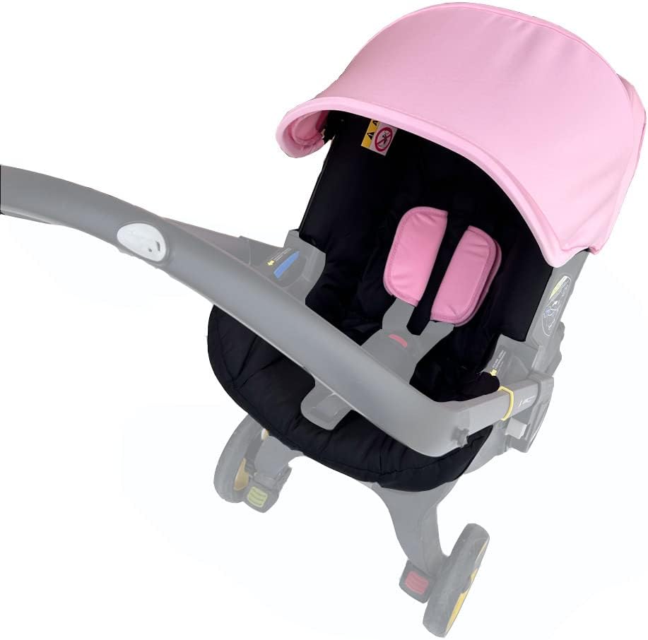Generic replacement canopy and seat cushion set front view showing pink and black fabrics installed on a car seat stroller