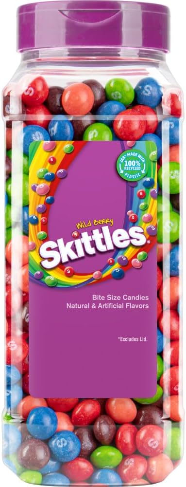 Skittles imported American candy jar 100 percent recycled plastic packaging