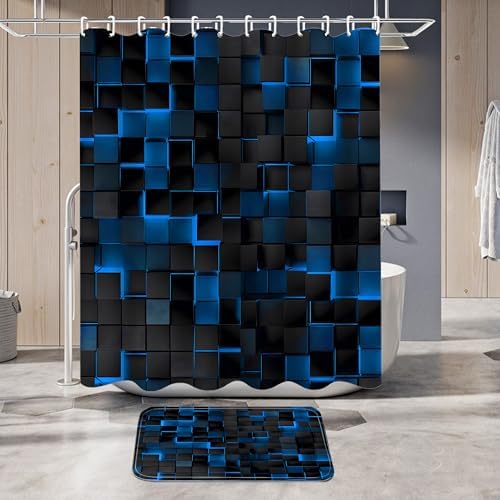 Close up of reinforced metal grommets and plastic hanging hooks on shower curtain.