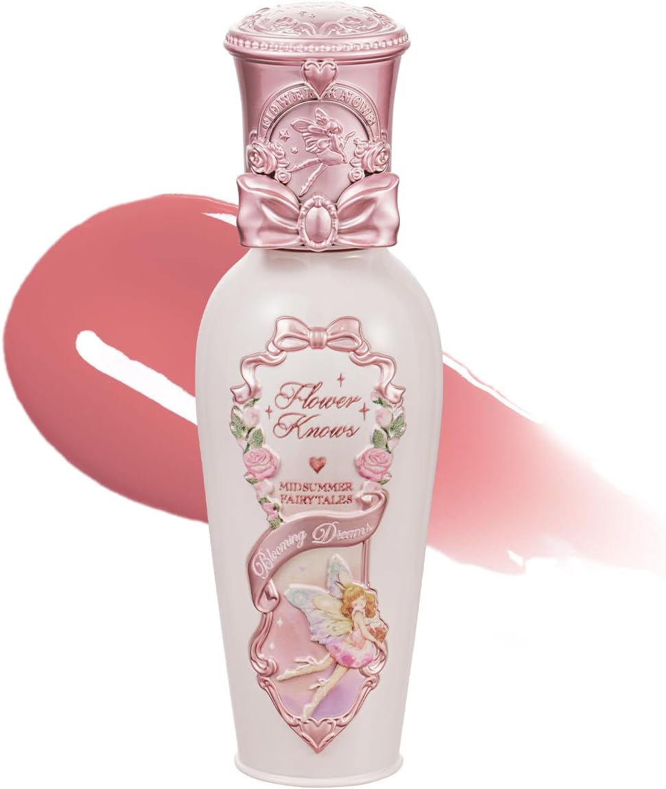 Flower Knows Midsummer Fairytales Coating Lip Lacquer front view of the vintage pink packaging.