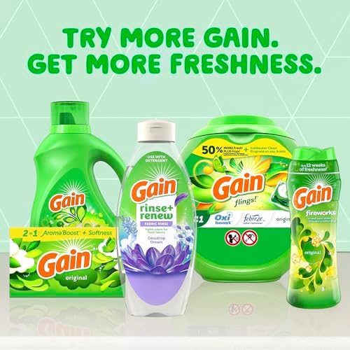 Gain Dewdrop Dream 48 Fluid Ounce bottle highlighting the fabric rinse and renew technology
