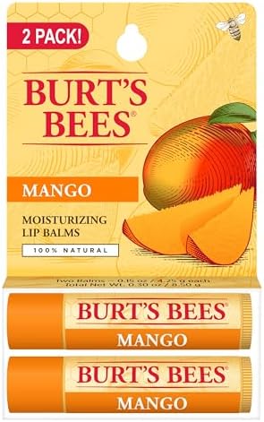 Two tubes of Burt's Bees Mango Butter Lip Balm standing upright on a clean background.