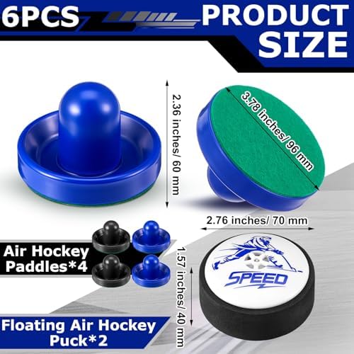 Four black and blue air hockey strikers with felt bottoms and two hover pucks