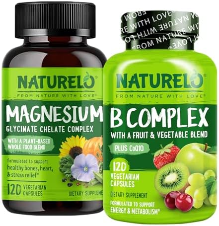 NATURELO Vitamin B Complex and Magnesium Glycinate bundle front view supplement bottles