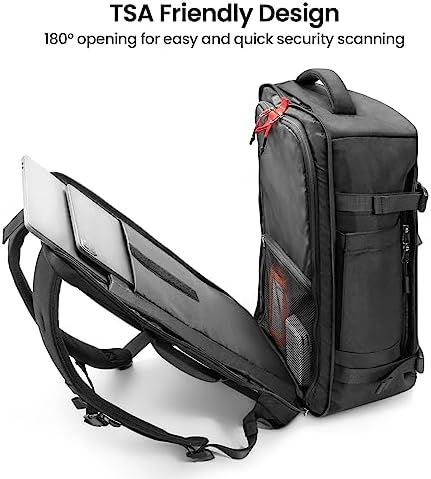 Tomtoc travel rucksack rear view displaying the padded TSA-friendly 17.3 inch laptop compartment open at security.