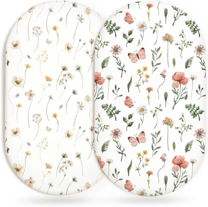 Woodiville 2 pack bassinet sheets butterfly garden pattern front view