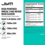 Authentic JYM Supplement Science fish oil softgels bottle alongside molecularly distilled clear soft gel capsules.