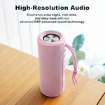 Pink portable Bluetooth speaker side profile with shock-absorbing silicone cap