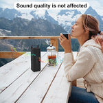 TXEsign outdoor speaker case clipped onto a backpack for travel portability
