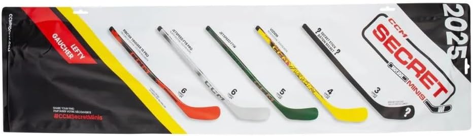 Opaque mystery packaging and composite shaft details of the twenty seven inch miniature hockey stick