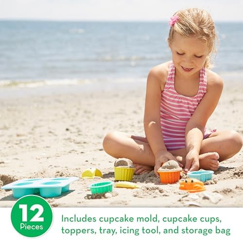Children using Melissa And Doug sand cupcake molds at the beach