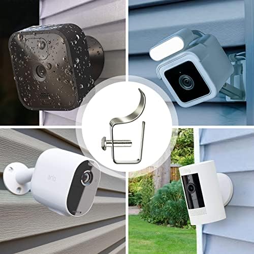 Heavy duty stainless steel camera mount clip holding an outdoor security camera on home exterior.