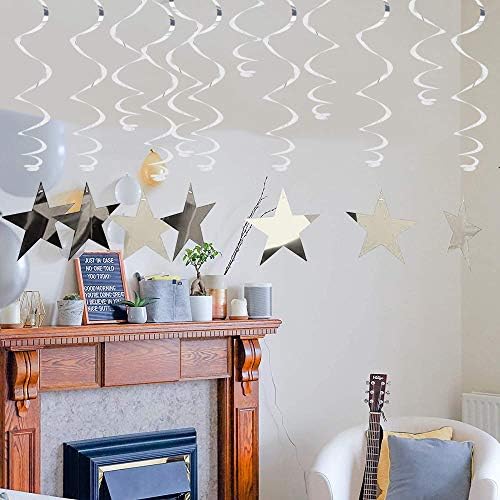 Pack of 15 BEISHIDA metallic silver ceiling decorations laid out flat to show individual pieces.