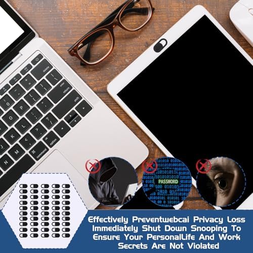 Fifty pieces pack of black laptop camera blockers spread out on a white surface
