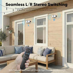 Inwa dual wall mount outdoor audio units showing water resistance testing under light rain
