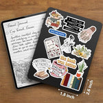 Close up of waterproof book-themed stickers on a laptop