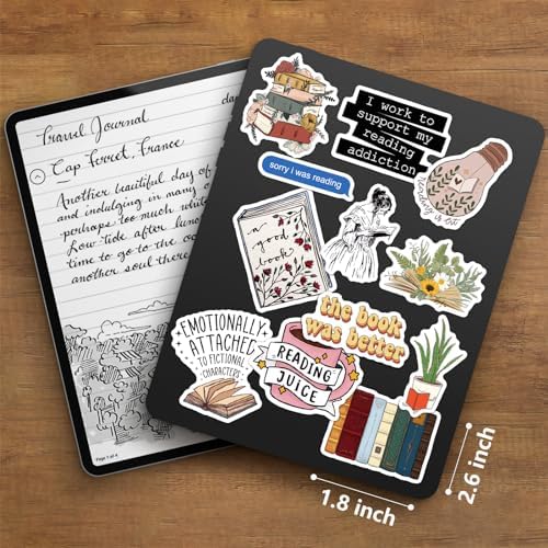 Close up of waterproof book-themed stickers on a laptop