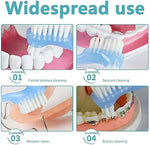 Angled tapered brush head designed for cleaning crevices on retainers and false teeth.