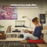 Dynamic product shot of the Fosi Audio hifi audio component in a home stereo environment.