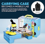 AmScope biological microscope for kids displayed inside its open blue carrying case that unfolds into a mobile lab table