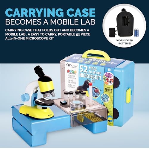 AmScope biological microscope for kids displayed inside its open blue carrying case that unfolds into a mobile lab table