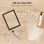 Baby hand and footprint kit being used with child safe colorful paints on clear sheets