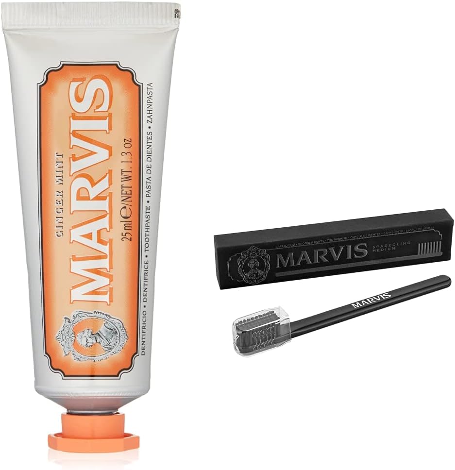 Marvis TSA Approved Ginger Mint Toothpaste and Medium Toothbrush travel set front view