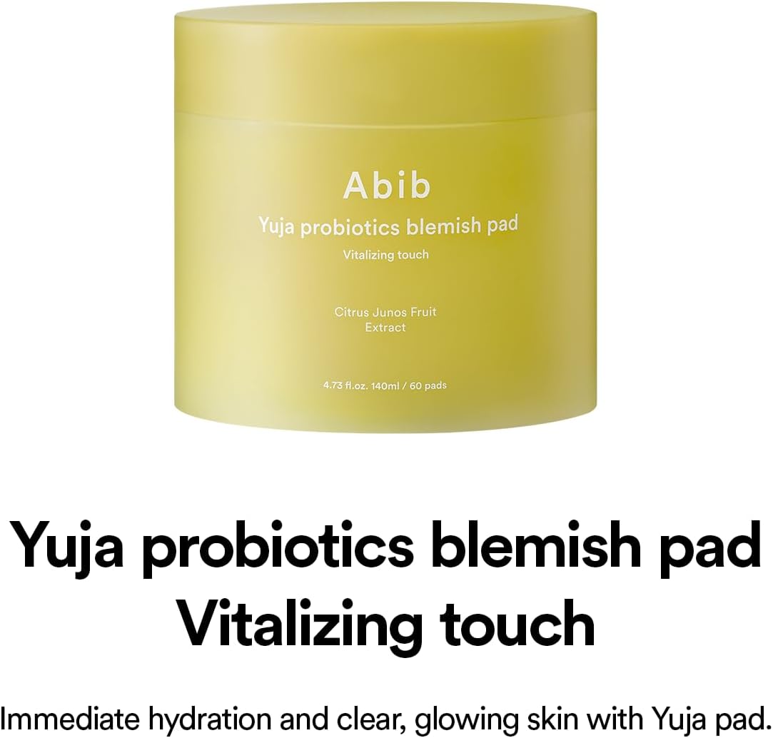 Abib Yuja Probiotics Blemish Pad jar packaging with 60 pads for brightening skin
