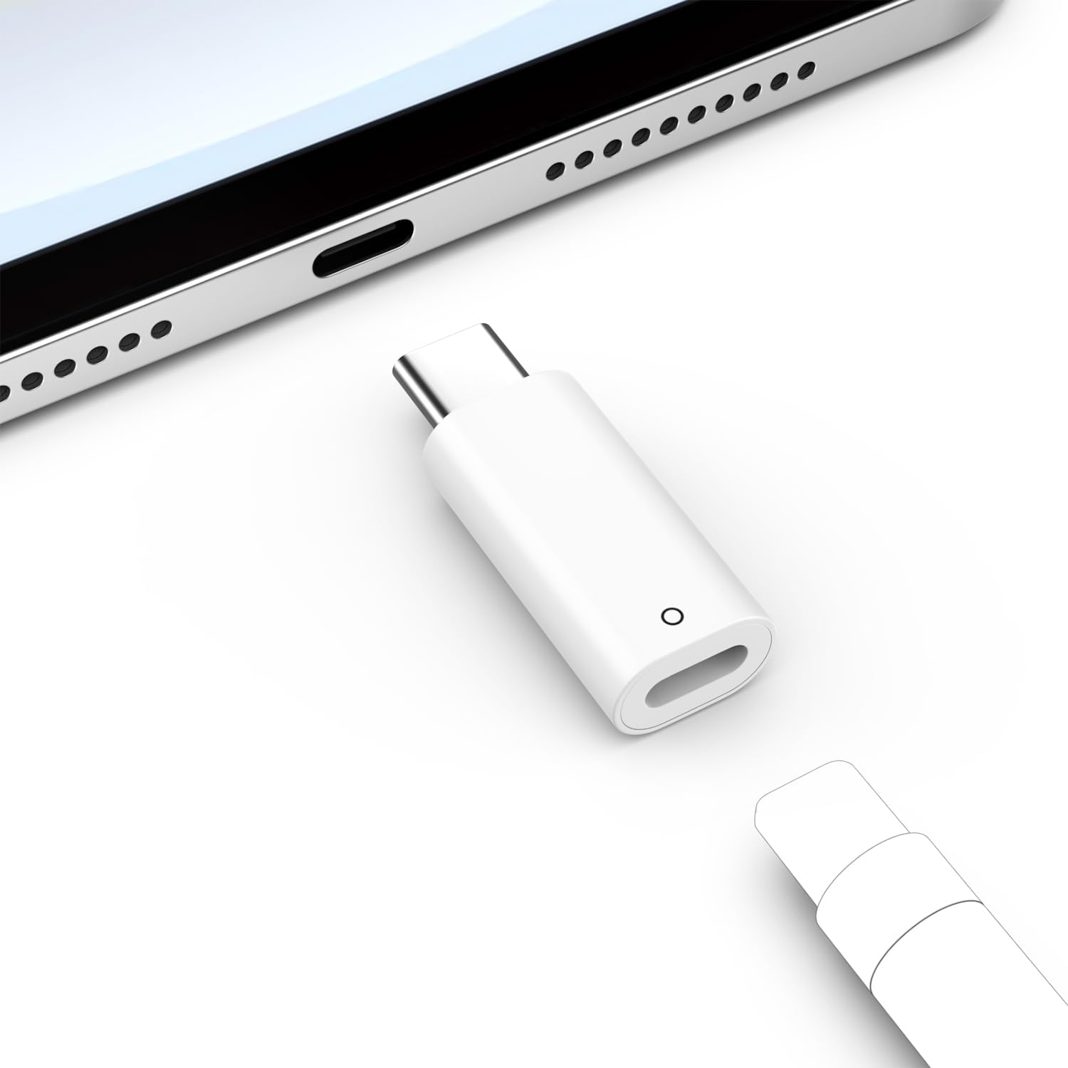 MoKo USB C to Apple Pencil charging adapter front view showing the compact white premium build.