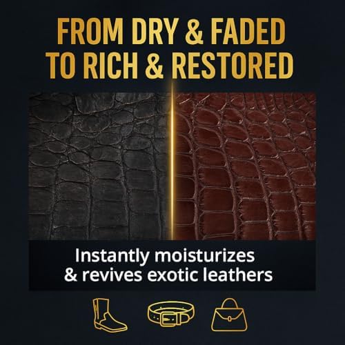 Specialized leather conditioner spray being applied to a luxury snakeskin handbag.