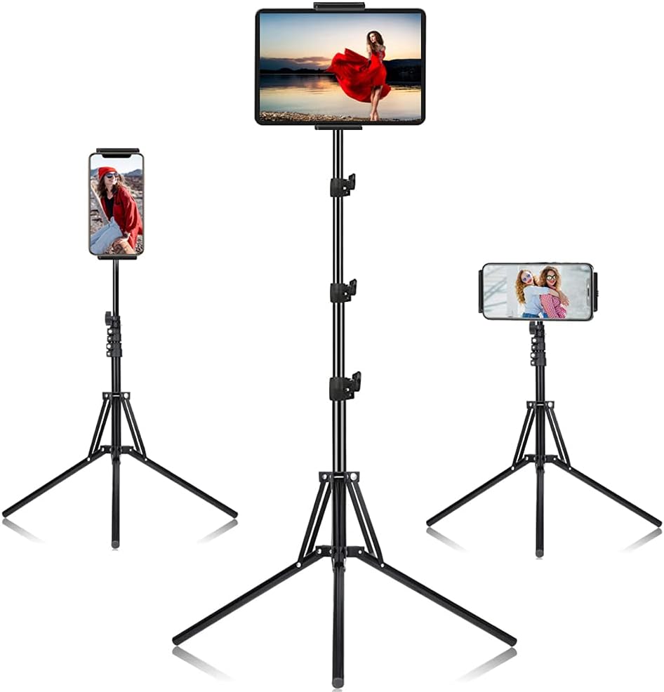 Samhousing iPad tripod stand front view showing extended aluminum floor pole setup