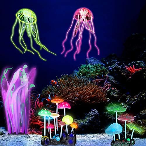 Frienda glowing aquarium ornaments package contents displaying all eight colorful sea creature replicas