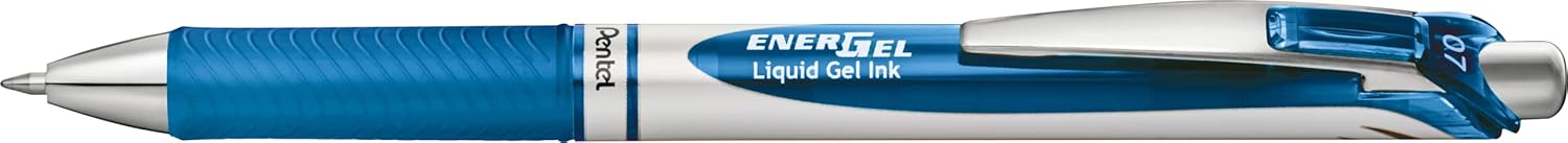Pentel Energel Knock Ballpoint Pen, 0.7mm Triangle Tip, Siver Body with Blue Accent (BL77-C) - Image 1