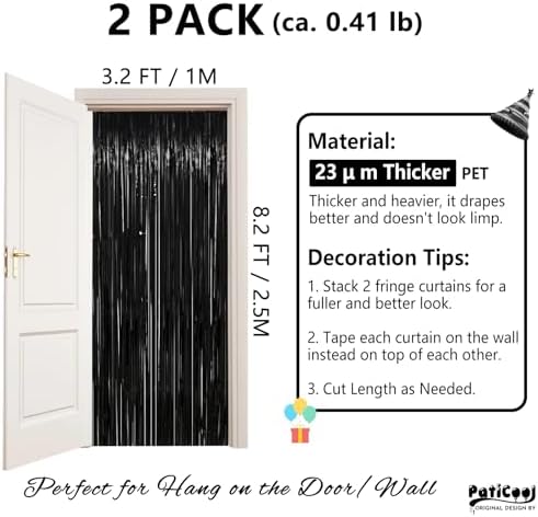 Two pack premium black foil metallic streamer backdrops installed on a smooth wall for a birthday photo booth.