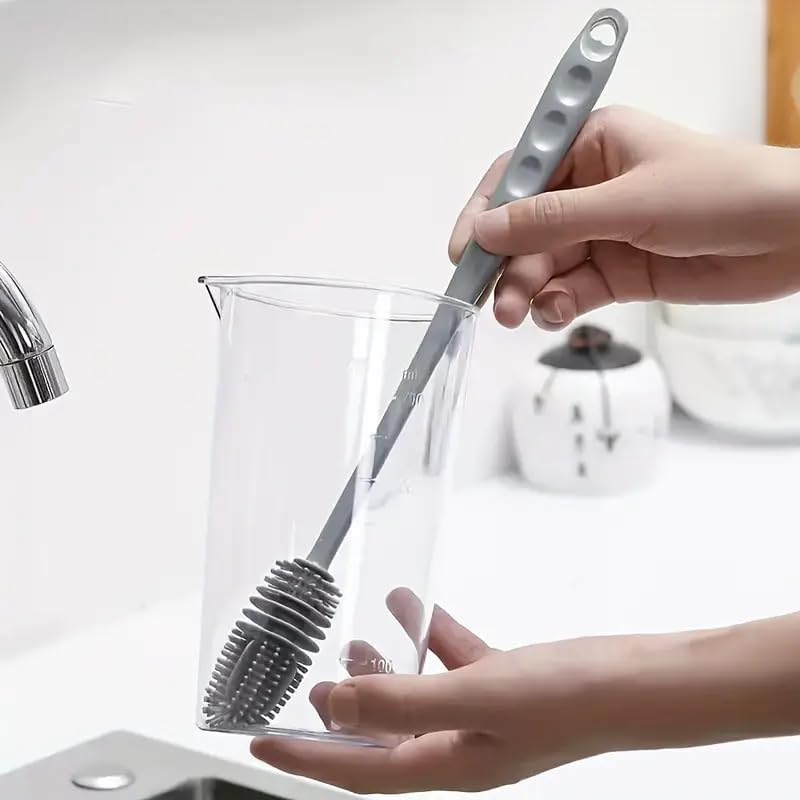 Villatic silicone bottle cleaning brush front view showing grey long handle and flexible bristles.