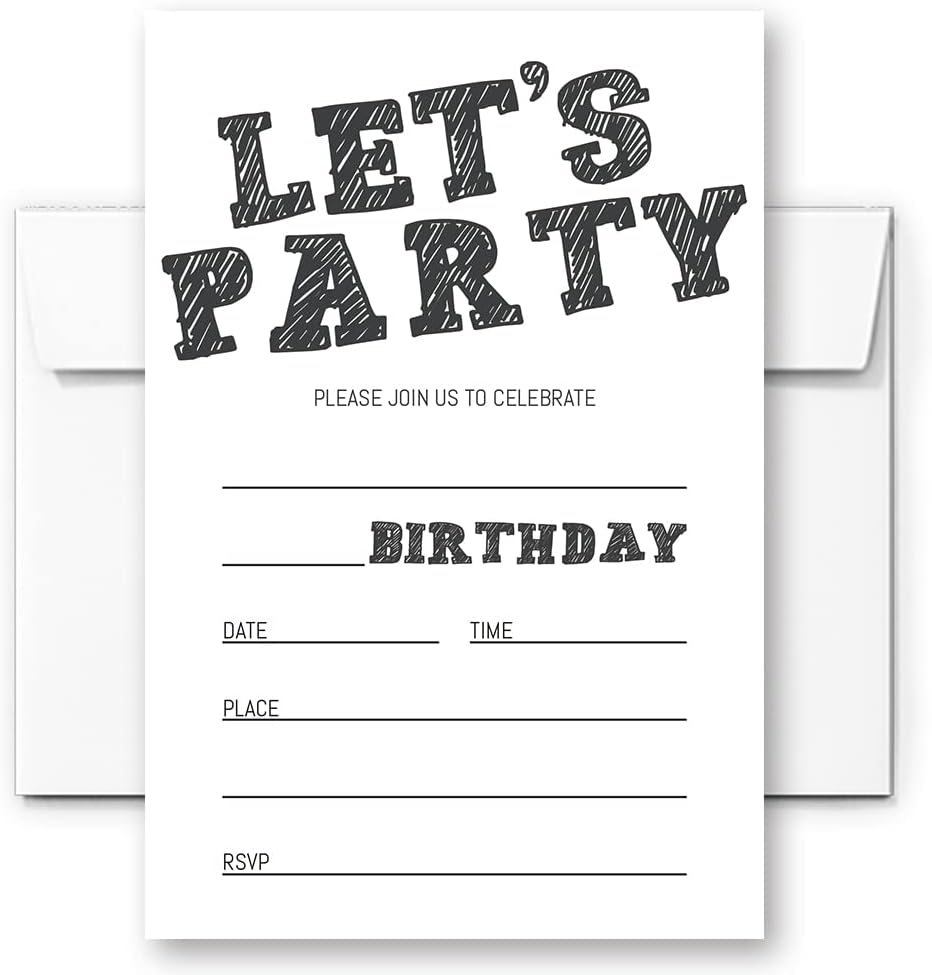 LoaHak black and white birthday invitation card front view showing fill in lines.