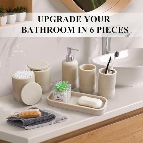 LIN CHUAN stylish beige bathroom set displaying the liquid soap dispenser pump mechanism and multi slot toothbrush holder
