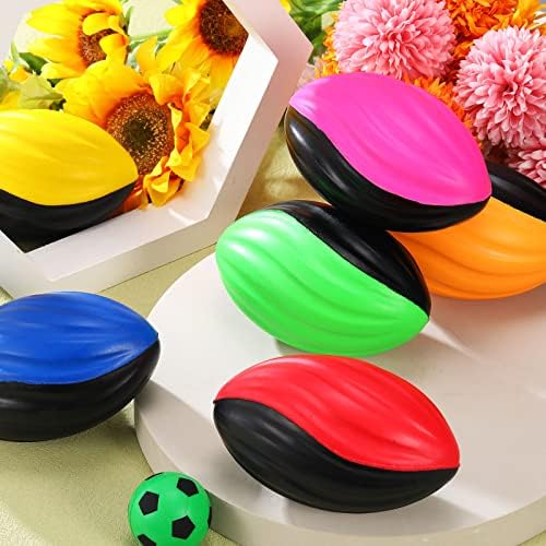 Twelve piece bulk pack of colorful mini footballs arranged for party favors
