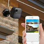 Weishan security camera extension kit layout displaying long micro USB cord waterproof adapter plug and mounting clips