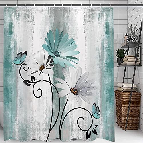 VeiVian waterproof rustic shower curtain installed in a modern country styled bathroom