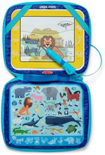 Toddler educational toy components organized completely inside the closed blue zippered travel binder.