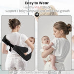 Black lightweight baby carrier being worn in front carrying position