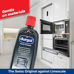 Durgol descaling solution bottle alongside water tank filling instructions.