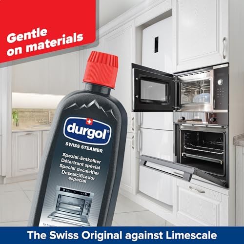 Durgol descaling solution bottle alongside water tank filling instructions.