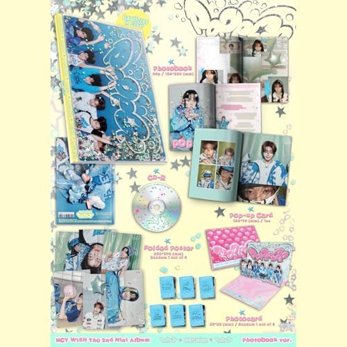 NCT WISH Poppop music release components displaying the folded poster and collectible photocard assortment.