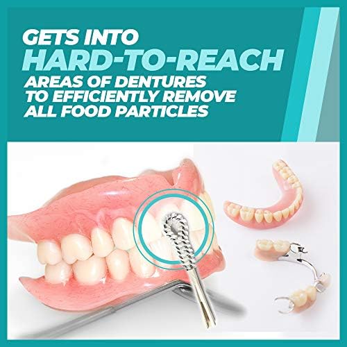 Close up of the flexible brush head design engineered for reaching hard to clean areas of dentures