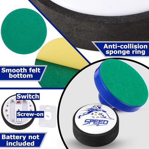 Battery operated hovering hockey puck gliding smoothly on a flat table surface
