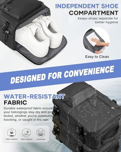 WONHOX travel rucksack showcasing the bottom ventilated shoe compartment with sneakers inside.